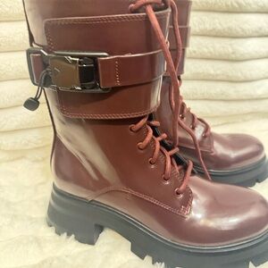 DKNY Women's Burgundy Lace-Up Combat Boots with Buckle Accent